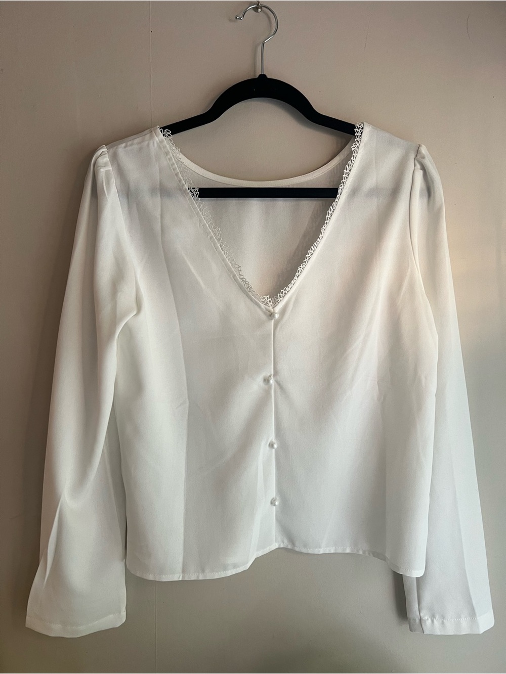 SHEIN White V-Neck Lace Trim Button Front Blouse